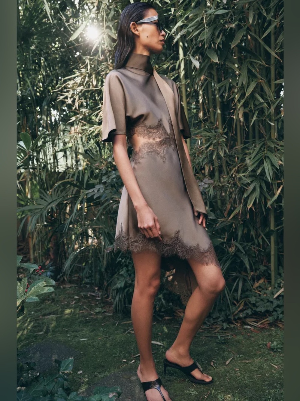 Zara Satin Cut Out Lace Dress Asymmetrical High Neck Scarf Brown Large - Picture 3 of 15